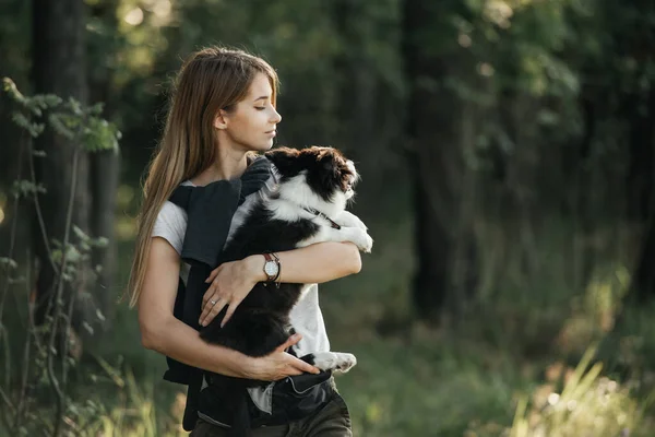 Dívka Drží Rukou Černobílé Ohraničení Kolie Pes Štěně Lese — Stock fotografie