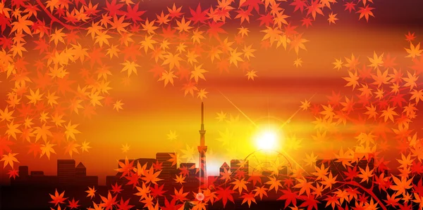 Herfstbladeren Tokyo landschap-achtergrond — Stockvector