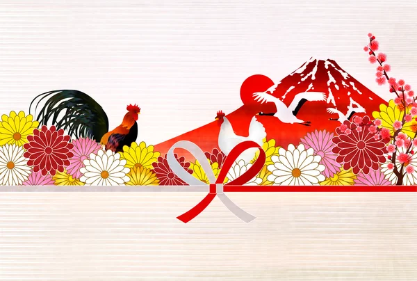 Grúa de gallo Fuji Tarjeta de Año Nuevo — Vector de stock