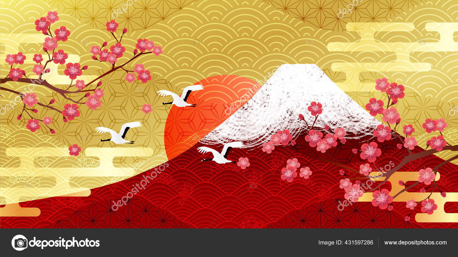 Fuji Padrão Japonês Fundo Cartão Ano Novo Vetor de ©JBOY24 431597286, image size:1600x898