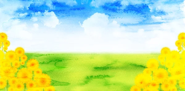 Sunflower Summer Sky Watercolor Landscape — Wektor stockowy
