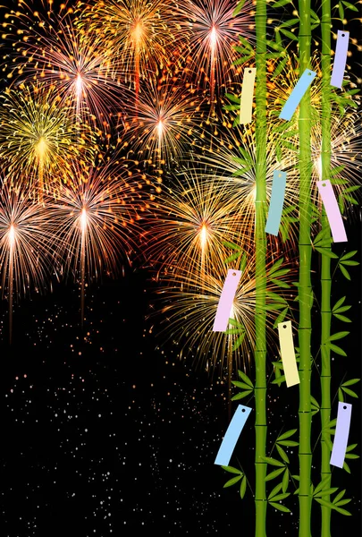 Tanabata Fuegos Artificiales Bambú Paisaje Fondo — Vector de stock