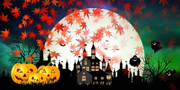 Halloween Zucca Castello Luna Sfondo — Vettoriale Stock
