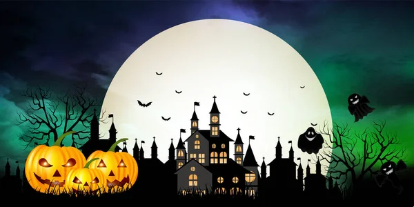 Halloween Zucca Castello Luna Sfondo — Vettoriale Stock
