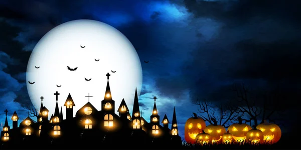 Halloween Pumpkin Castle Moon Background — Stock Vector