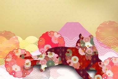 Kaplan Yeni Yıl Kartı Dağı. Fuji arkaplanı