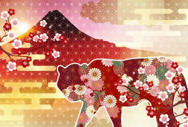 Kaplan Yeni Yıl Kartı Dağı. Fuji arkaplanı 