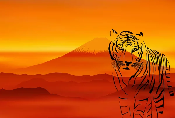 Carte Nouvel Tigre Fond Fuji — Image vectorielle