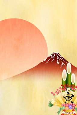 Kaplan Yeni Yıl Kartı Dağı. Fuji arkaplanı 