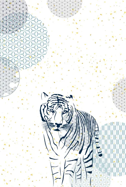 Tiger Nyårskort Japanska Mönster Bakgrund — Stock vektor