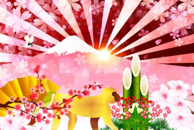 Fuji kiraz ağacı yılbaşı kartı maymun