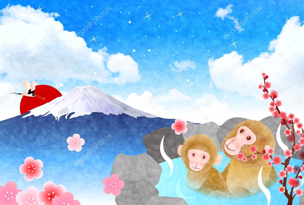 Monkey Fuji hot spring greeting cards