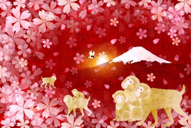 Fuji kiraz ağacı yılbaşı kartı maymun