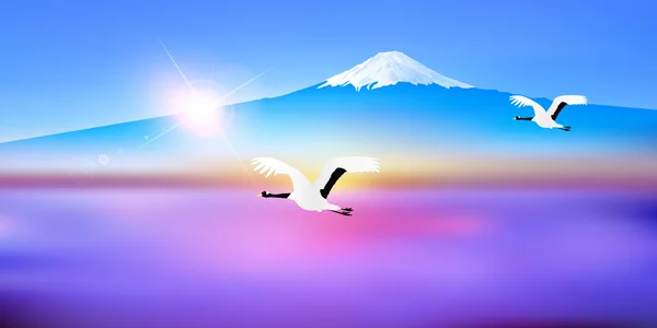 Fuji crane sunrise background — Stock Vector