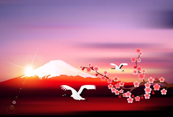 Fuji crane sunrise bakgrund — Stock vektor