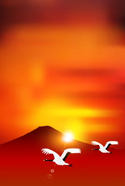 Fuji crane sunrise background — Stock Vector