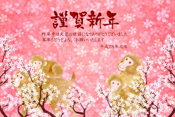 원숭이 인사말 카드 벚꽃 배경 — 스톡 벡터