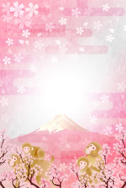 Monkey Fuji kersenboom New Year's kaart — Stockvector