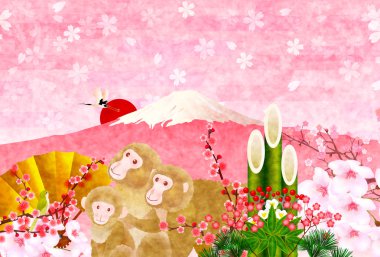 Fuji kiraz ağacı yılbaşı kartı maymun