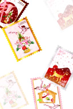 Fuji kiraz ağacı yılbaşı kartı maymun