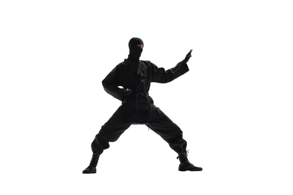 Japansk Ninja Svart Uniform Vit Bakgrund Isolerad — Stockfoto