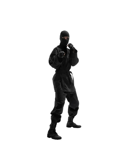 One Japanese Ninja Black Uniform White Background Isolated — Stock Photo, Image