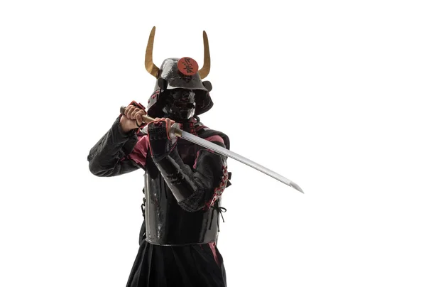 Japansk Samuraj Svart Uniform Med Katanasvärd Vit Bakgrund Isolerad — Stockfoto
