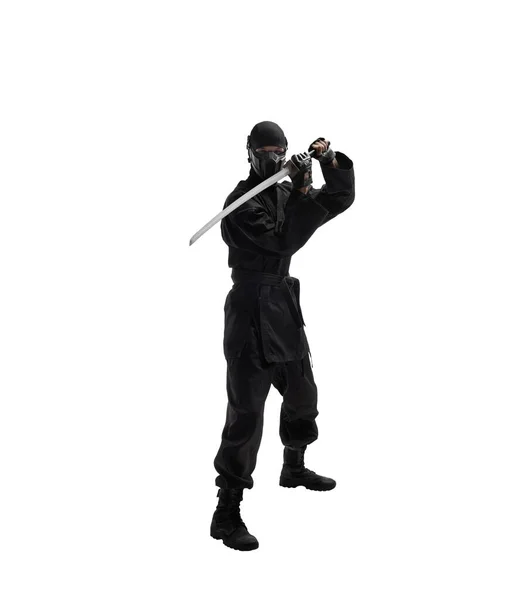 Japonês Ninja Preto Uniforme Com Katana Espada Branco Fundo Isolado — Fotografia de Stock