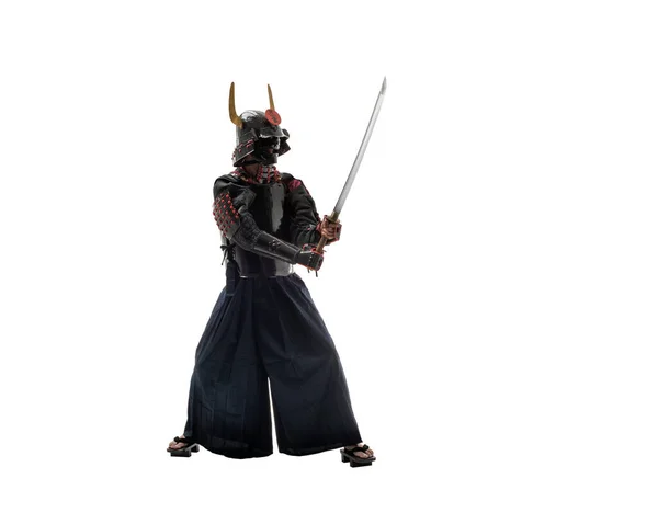 Samurai Japonés Uniforme Negro Con Espada Katana Sobre Fondo Blanco —  Fotos de Stock