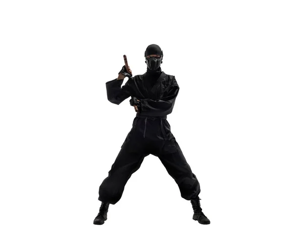 One Japanese Ninja Black Uniform Nunchuks Cold Weapon White Background — Stock Photo, Image