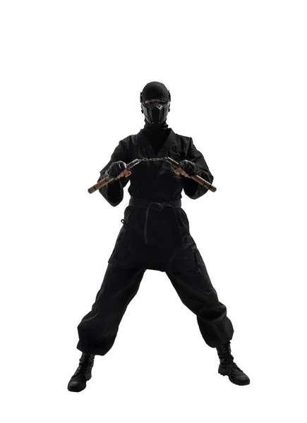 One Japanese Ninja Black Uniform Nunchuks Cold Weapon White Background — Stock Photo, Image