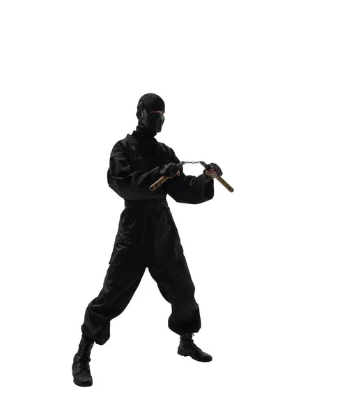 One Japanese Ninja Black Uniform Nunchuks Cold Weapon White Background — Stock Photo, Image