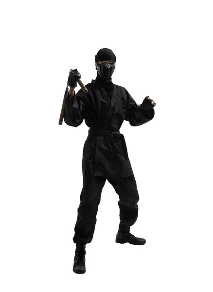 One Japanese Ninja Black Uniform Nunchuks Cold Weapon White Background — Stock Photo, Image