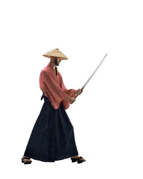 Samurai Japonês Uniforme Histórico Com Espada Katana Sobre Fundo Branco — Fotografia de Stock