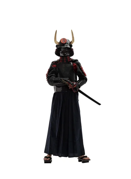 Samurai Japonês Uniforme Preto Com Espada Katana Sobre Fundo Branco — Fotografia de Stock