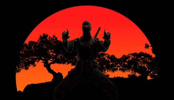 Japansk Ninja Svart Uniform Röd Solnedgång Bakgrund — Stockfoto