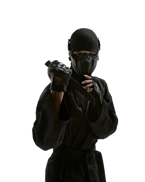 One Japanese Ninja Assassin Terrorist Black Uniform Knife White Background — Stock Photo, Image