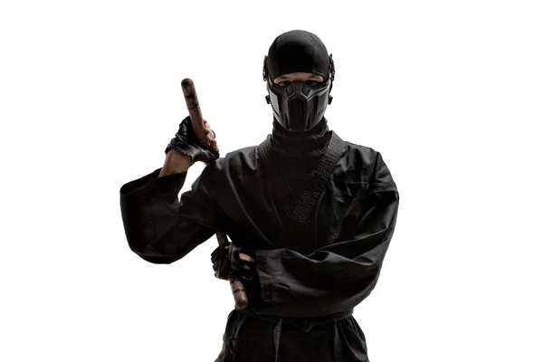 One Japanese Ninja Black Uniform Nunchuks Cold Weapon White Background — Stock Photo, Image