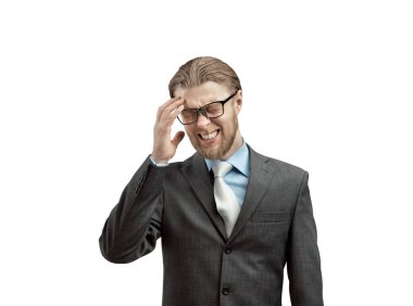 one man with acute headache, on white background, isolated. Pain head concept  clipart