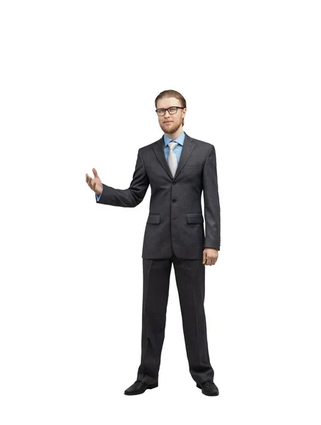 一个戴眼镜的商人或办公室职员 站在那里摆姿势 手插在口袋里 白色背景 与世隔绝 — 图库照片