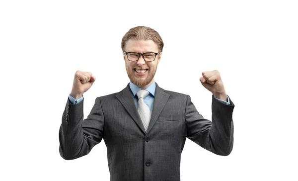One Fun Businessman Office Worker Exults Shout White Background Isolated — Stock Photo, Image