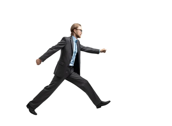 One Man Businessman Jumping Running White Background Isolated — Stock Photo, Image