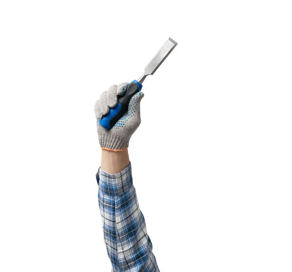 Hand Holds Construction Tool Chisel White Background Isolated — 스톡 사진
