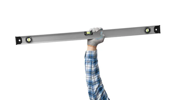 Hand Hält Ein Bauwerkzeug Große Wasserwaage Auf Weißem Hintergrund Isoliert — Stockfoto