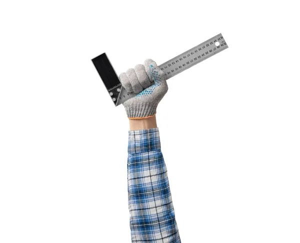 Hand Hält Ein Bauwerkzeug Winkelmesser Auf Weißem Hintergrund Isoliert — Stockfoto