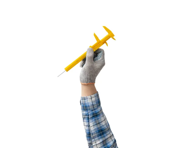 Mão Segura Uma Ferramenta Construção Paquímetro Sobre Fundo Branco Isolado — Fotografia de Stock