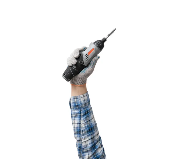 Hand Heeft Een Bouwgereedschap Accuschroevendraaier Witte Achtergrond Geïsoleerd — Stockfoto