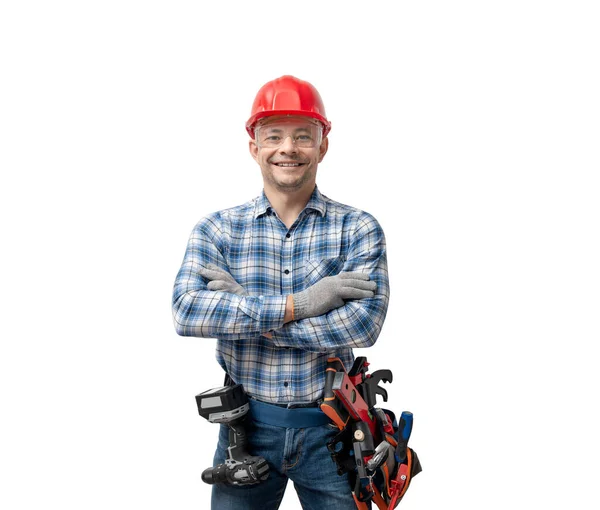幸せな労働者の便利屋 すべての貿易のジャック や建設ツールを持つビルダーは 白の背景に立つと笑顔 孤立した 修理サービスと建設コンセプト — ストック写真