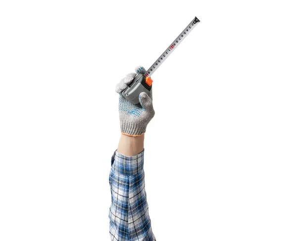 Hand Holds Construction Tool Tape Measure White Background Isolated — Stock Photo, Image