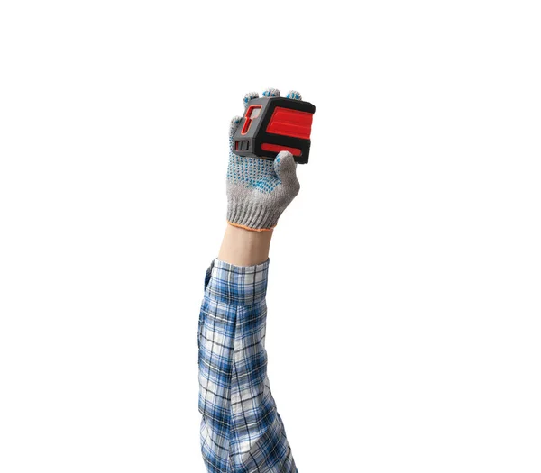 Χέρι Κατέχει Ένα Εργαλείο Κατασκευής Επίπεδο Λέιζερ Ισοπεδωτής Λευκό Φόντο — Φωτογραφία Αρχείου